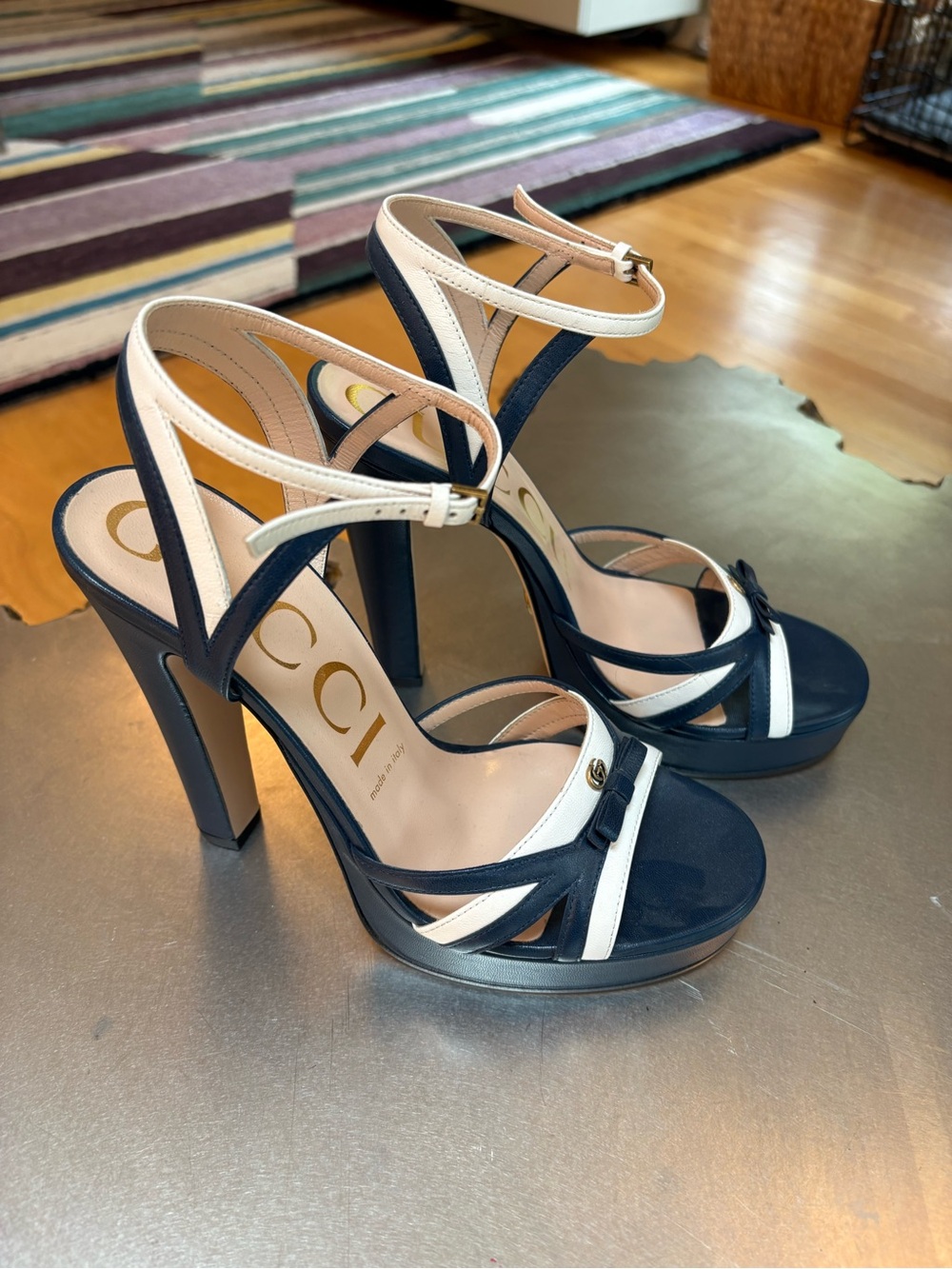 Gucci Navy and White Platform Ankle-Strap Heels Never Worn - Picture 1 of 6